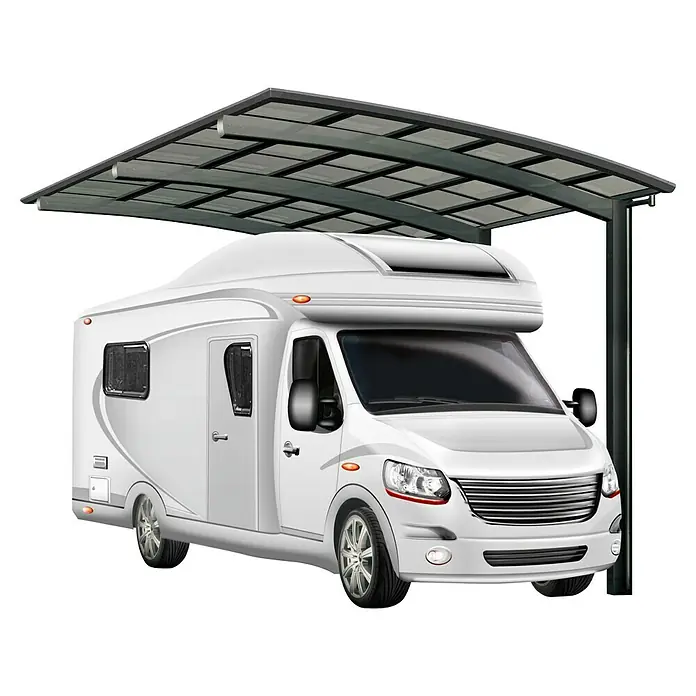 Ximax Carport Portoforte Typ 80 Caravan - Außenmaß inkl. Dachüberstand (B x T): 2,7 x 4,95 m, Schwarz - Ein Wohnmobil steht unter einem robusten Carport, das Schutz vor Witterungseinflüssen bietet. Ideal für die sichere Aufbewahrung.