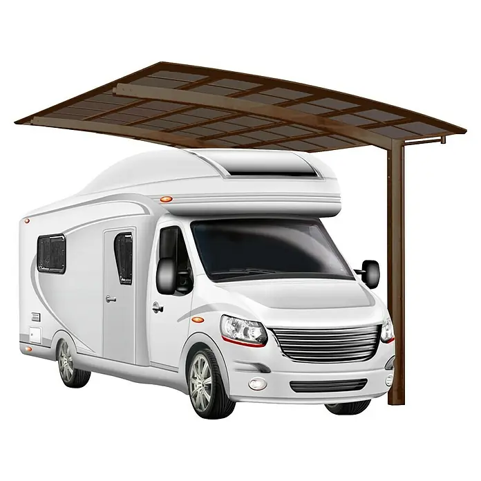 Ximax Carport Portoforte Typ 60 Caravan - Außenmaß inkl. Dachüberstand (B x T): 2,7 x 4,95 m, Mattbraun - Ein weißes Wohnmobil unter einem Carport mit braunem Rahmen und transparentem Dach. Der Carport schützt das Fahrzeug vor Witterungseinflüssen.