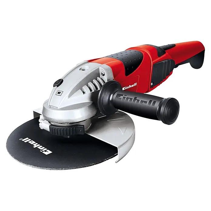 Einhell Expert Amoladora angular eléctrica TE-AG 230/2000 - 2.000 W, 230 mm, Número de revoluciones de marcha en vacío: 6.500 r.p.m. - Primer plano de una amoladora angular Einhell con protector, empuñadura lateral y disco de corte, sobre un fondo neutro.