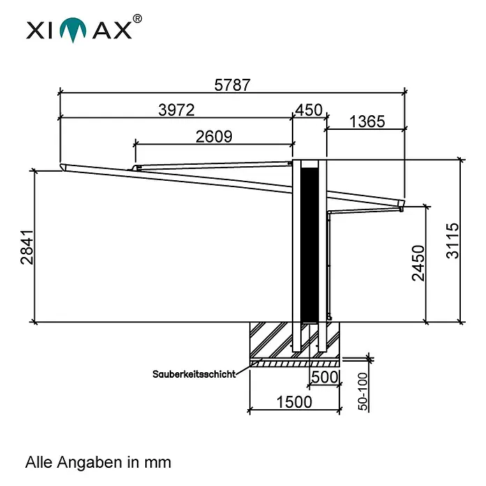 Ximax Carport Miro Next Typ 60 - Außenmaß inkl. Dachüberstand (B x T): 3,03 x 5,79 m, Edelstahl-Look - Abbildung einer schematischen Zeichnung eines Ximax Produkts mit verschiedenen Maßangaben in Millimetern für technische Details.