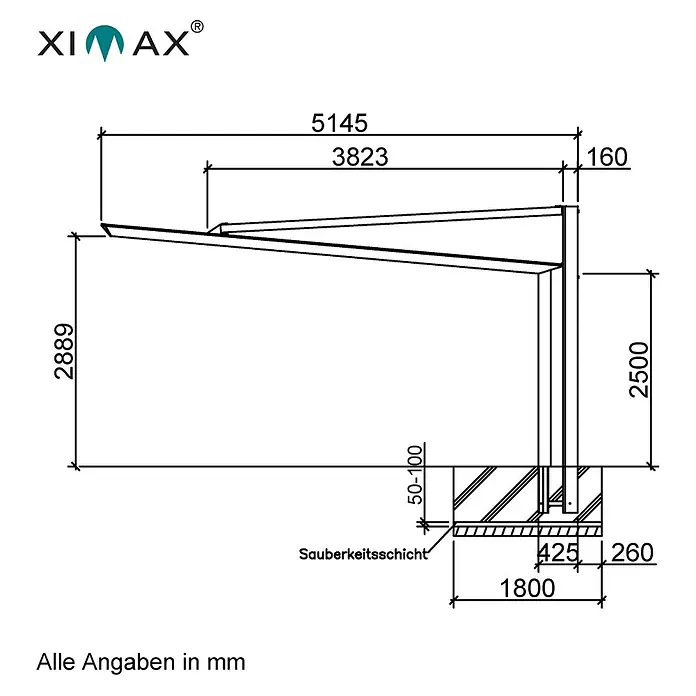 Ximax Carport Miro Next Typ 60 - Außenmaß inkl. Dachüberstand (B x T): 2,33 x 5,14 m, Sepiabraun - Technische Zeichnung des Produkts XIMAX mit Bemaßungen und Details zu Installation und Abmessungen.