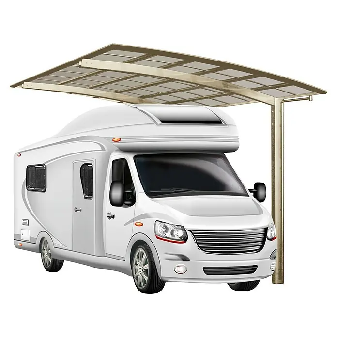 Ximax Carport Portoforte Typ 60 Caravan - Außenmaß inkl. Dachüberstand (B x T): 2,7 x 4,95 m, Edelstahl-Look - Das Bild zeigt ein stilvolles Wohnmobil, das unter einem stabilen Carport Schutz vor Witterungseinflüssen findet. Der Carport bietet optimalen Schutz.