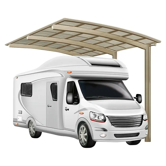 Ximax Carport Portoforte Typ 80 Caravan - Außenmaß inkl. Dachüberstand (B x T): 2,7 x 4,95 m, Edelstahl-Look - Ein stilvolles Wohnmobil parkt unter einem modernen Carport mit transparentem Dach, das Schutz und ein luftiges Gefühl bietet.