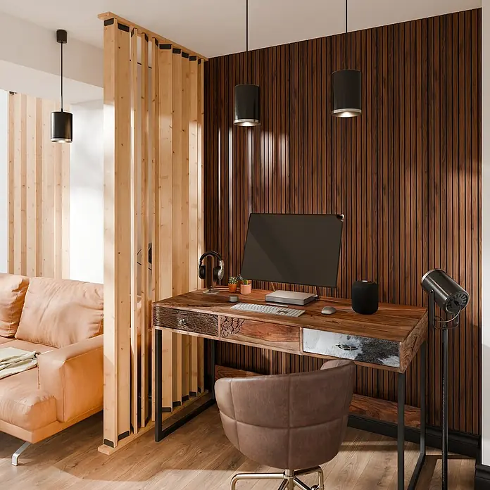Radex Divisor de espacios - An x Al: 50 x 254 cm, Pino, Móvil - Elegante espacio de trabajo con escritorio de madera, cómoda silla de oficina y lámparas colgantes modernas para un ambiente productivo.