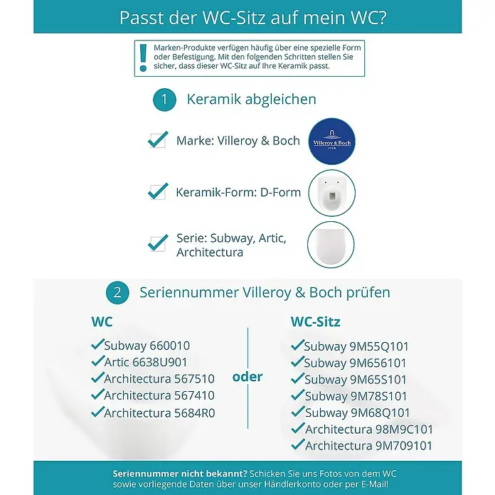 Calmwaters WC-Sitz Architectura - Duroplast, Weiß, Mit Absenkautomatik - Anleitung zur Bestimmung des passenden WC-Sitzes für Villeroy & Boch WCs, inklusive Keramikabgleich und Seriennummernprüfung.