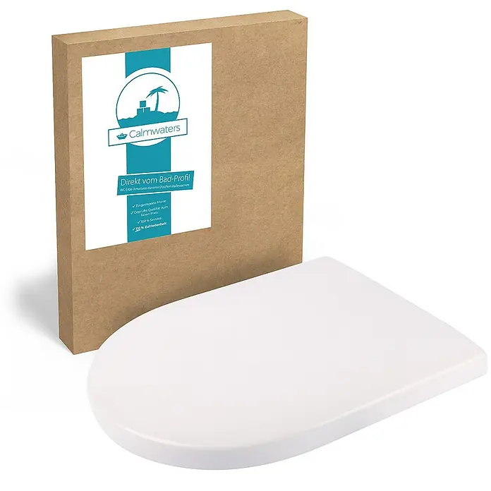 Calmwaters WC-Sitz Architectura - Duroplast, Weiß, Mit Absenkautomatik - WC-Sitz von Calmwaters in Weiß, verpackt in einem Karton. Der Fokus liegt auf dem hochwertigen und komfortablen Design des Sitzes.
