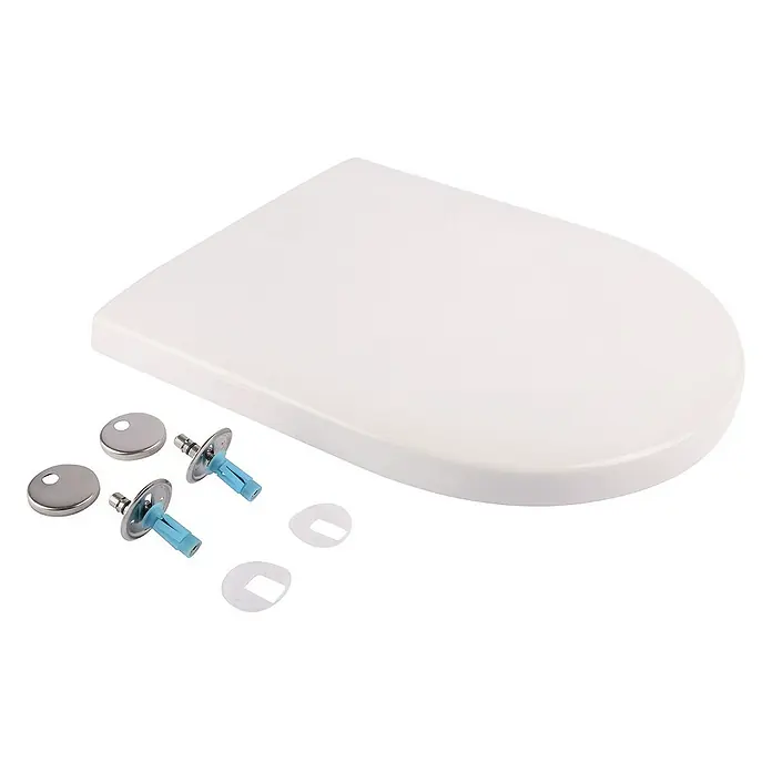 Calmwaters WC-Sitz Architectura - Duroplast, Weiß, Mit Absenkautomatik - Nahaufnahme eines weißen Toilettensitzes mit Befestigungsmaterial, ideal für jedes Badezimmer. Einfache Installation und langlebiges Design.