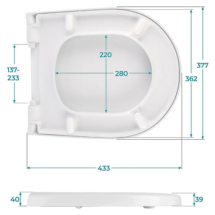 Calmwaters WC-Sitz Architectura - Duroplast, Weiß, Mit Absenkautomatik - Produktbild einer weißen Toilettensitz mit Maßangaben. Der Toilettendeckel ist aus hochwertigem Material und bietet Komfort.