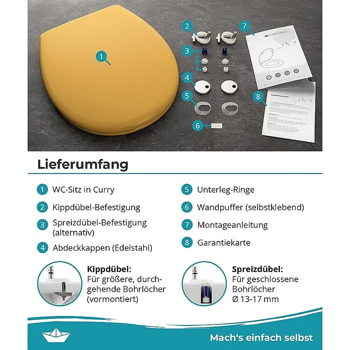 Calmwaters WC-Sitz Original - Duroplast, Curry-Gelb, Mit Absenkautomatik - Bild zeigt einen curryfarbenen WC-Sitz mit Zubehör, inkl. Befestigungen, Unterlegringen, Montageanleitung und Garantiekarte.