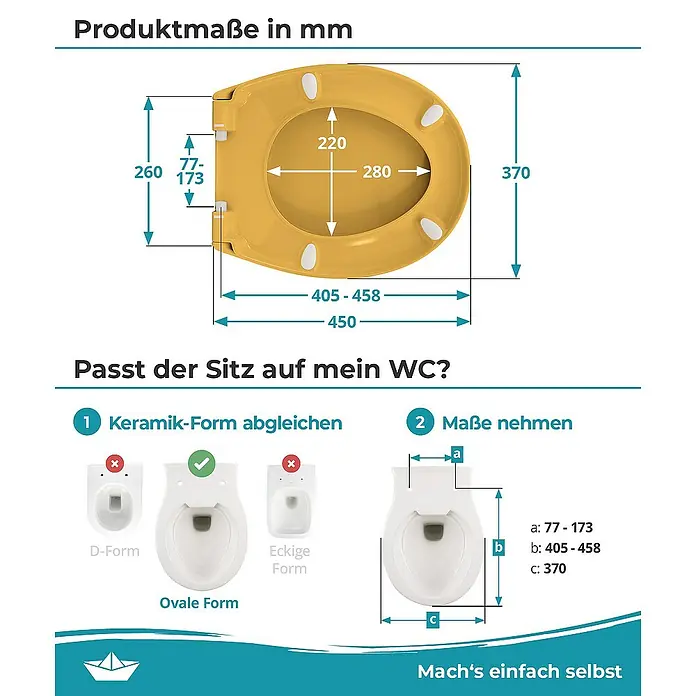 Calmwaters WC-Sitz Original - Duroplast, Curry-Gelb, Mit Absenkautomatik - Abbildung eines Toilettensitzes mit Maßangaben und einer Anleitung, wie man die passende Form und Größe für die eigene Toilette findet.