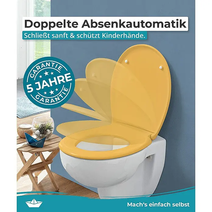 Calmwaters WC-Sitz Original - Duroplast, Curry-Gelb, Mit Absenkautomatik - Abbildung einer gelben Toilettensitz mit Absenkautomatik, der sanft schließt und Kinderhände schützt, inklusive 5 Jahre Garantie.