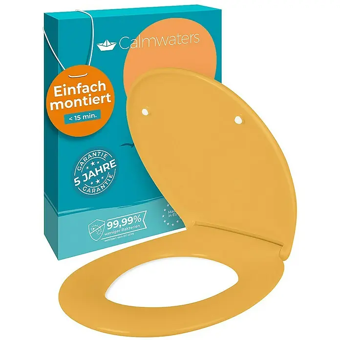 Calmwaters WC-Sitz Original - Duroplast, Curry-Gelb, Mit Absenkautomatik - Abbildung eines Calmwaters WC-Sitzes in Gelb, der für einfache Montage und Hygiene im Badezimmer steht.