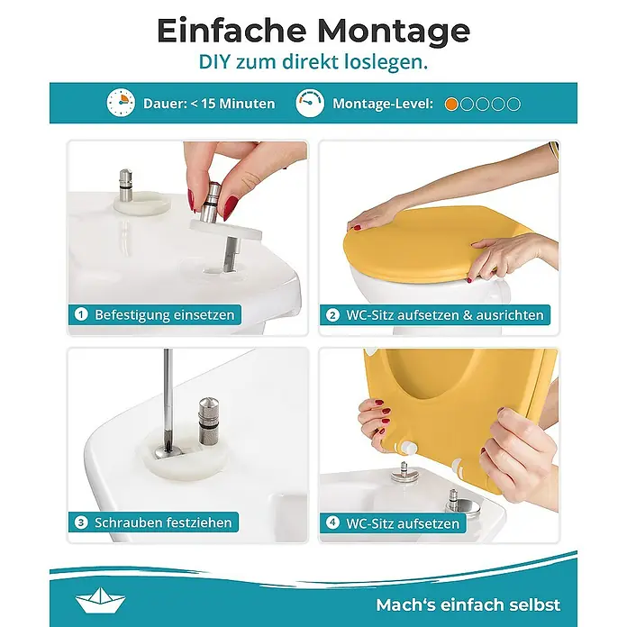 Calmwaters WC-Sitz Original - Duroplast, Curry-Gelb, Mit Absenkautomatik - Montageanleitung für einen WC-Sitz. Einfache Installation in vier Schritten mit allen Teilen für eine schnelle Montage.