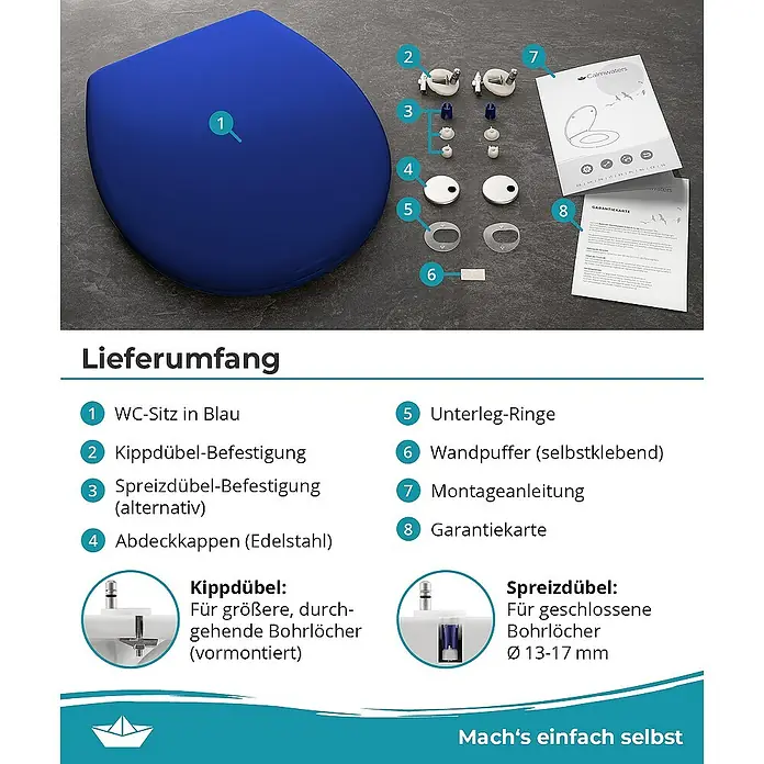 Calmwaters WC-Sitz Original - Duroplast, Blau, Mit Absenkautomatik - Bild einer blauen WC-Brille mit Befestigungsmaterial, Montageanleitung und Garantiekarte.