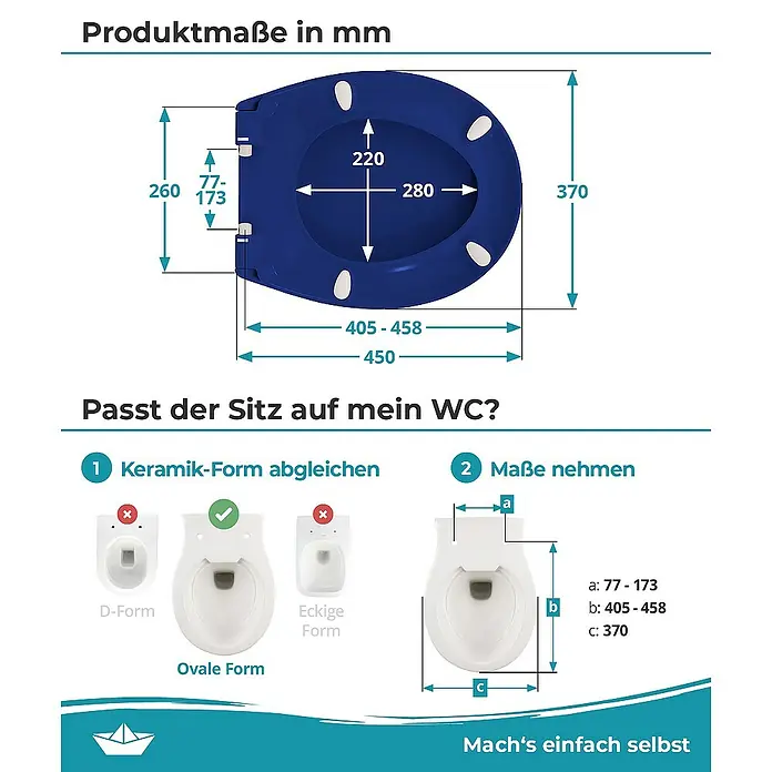 Calmwaters WC-Sitz Original - Duroplast, Blau, Mit Absenkautomatik - Abmessungen des WC-Sitzes in mm und Anleitung zur Bestimmung, ob der Sitz auf Ihre Toilette passt.