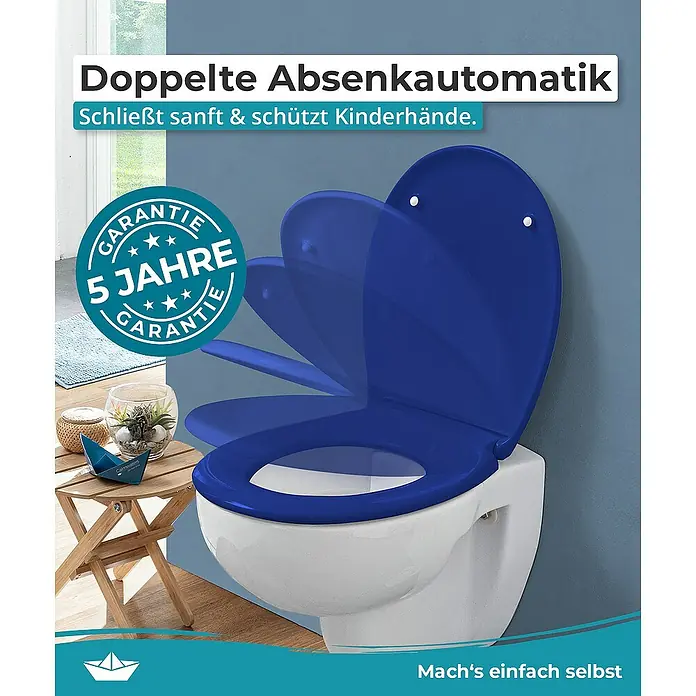 Calmwaters WC-Sitz Original - Duroplast, Blau, Mit Absenkautomatik - Das Bild zeigt einen WC-Sitz mit Absenkautomatik in Blau, der sanft schließt und Kinderhände schützt. Mit 5 Jahren Garantie.