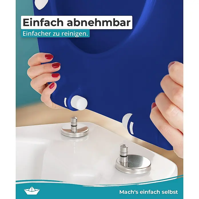 Calmwaters WC-Sitz Original - Duroplast, Blau, Mit Absenkautomatik - Bild eines einfach abnehmbaren WC-Sitzes in Blau, der eine leichtere Reinigung ermöglicht.