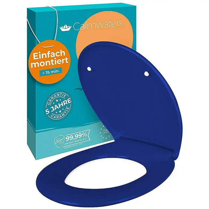 Calmwaters WC-Sitz Original - Duroplast, Blau, Mit Absenkautomatik - Abbildung eines blauen Calmwaters Toilettendeckels und der zugehörigen Verpackung, die eine einfache Montage und hohe Hygiene verspricht.