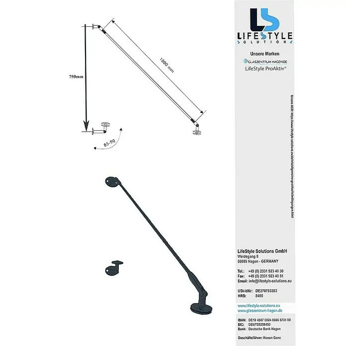 Glaszentrum Hagen Vordach - 120 x 90 x 25 cm, Anthrazit RAL7016 - Abbildung eines LifeStyle ProAktiv®-Produkts mit den Maßen 750 mm Höhe und 1000 mm Länge, das eine flexible Installation ermöglicht.