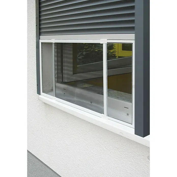 Schellenberg Insect Stop Mosquitera para ventana - An x Al: 75 x 50 cm, Color bastidor: Blanco, Inserción - Primer plano de una ventana con persiana enrollable y mosquitera, que ofrece protección contra insectos y permite la entrada de aire fresco.