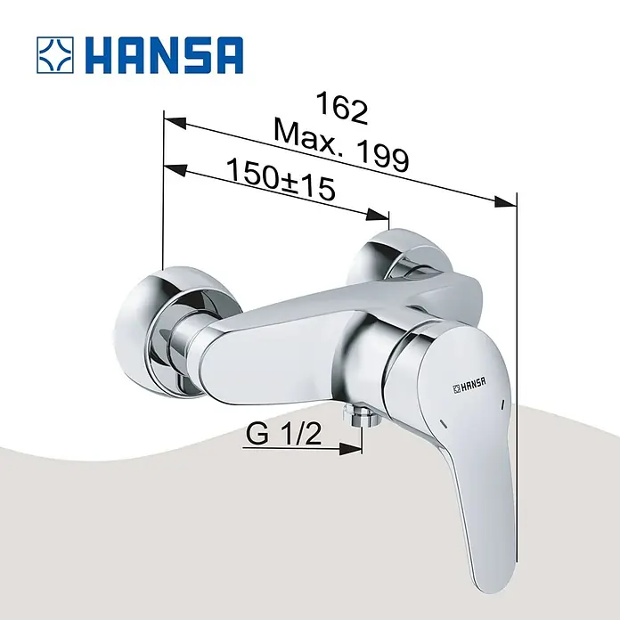Hansa Mix Brausearmatur - Chrom, Glänzend - Abbildung einer glänzenden HANSA-Duscharmatur mit Maßangaben für die Installation, die ein präzises Anbringen ermöglichen.