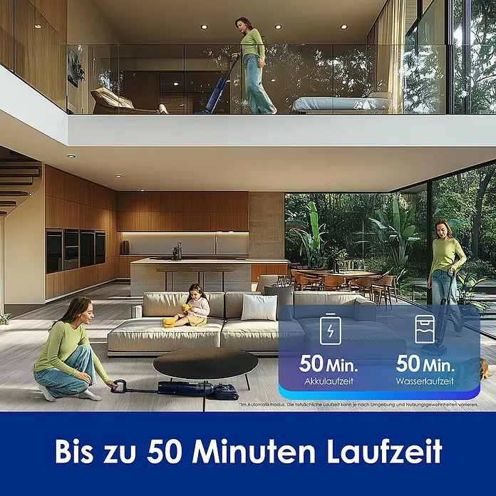 Tineco Akku-Nass-Trockensauger FLOOR ONE S7 Strech - Saugkraft: 21.000 Pa, Akkulaufzeit: 50 min, Wassertankvolumen: 1 l - Das Bild zeigt einen Akku- und Wasserstaubsauger mit bis zu 50 Minuten Laufzeit in einem modernen Haus.