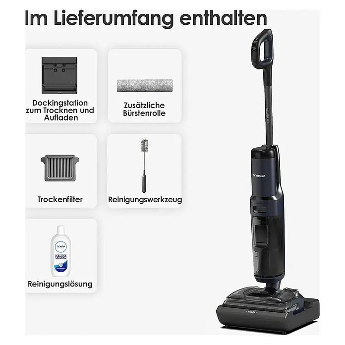 Tineco Akku-Nass-Trockensauger FLOOR ONE S7 Strech - Saugkraft: 21.000 Pa, Akkulaufzeit: 50 min, Wassertankvolumen: 1 l - Abbildung des Tineco-Nass-Trockensaugers mit Zubehör, inklusive Dockingstation, Filter, Bürstenrolle, Reinigungslösung und Werkzeug.