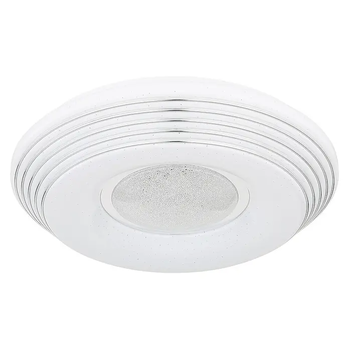 Globo LED-Deckenleuchte rund Pillo - Ø x H: 39 x 7 cm, Farbe Gehäuse: Wei, Kaltweiß - Nahaufnahme einer runden, weißen Deckenleuchte mit einem zentralen, strukturierten Lichtelement und mehreren konzentrischen Ringen.