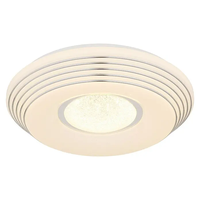 Globo LED-Deckenleuchte rund Pillo - Ø x H: 39 x 7 cm, Farbe Gehäuse: Wei, Kaltweiß - Nahaufnahme einer runden LED-Deckenleuchte mit Chromringen und einem leuchtenden Mittelteil, die ein modernes Design betont.