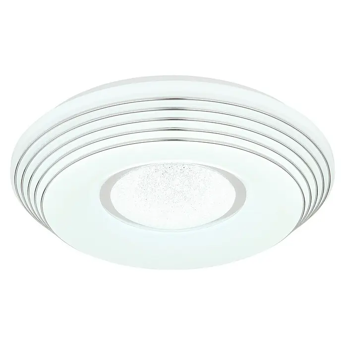 Globo LED-Deckenleuchte rund Pillo - Ø x H: 39 x 7 cm, Farbe Gehäuse: Wei, Kaltweiß - Nahaufnahme einer runden, modernen Deckenleuchte in Weiß mit silbernen Akzenten, die ein elegantes und minimalistisches Design aufweist.