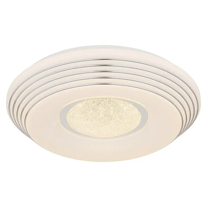 Globo LED-Deckenleuchte rund Pillo - Ø x H: 39 x 7 cm, Farbe Gehäuse: Wei, Kaltweiß - Nahaufnahme einer runden LED-Deckenleuchte mit glitzerndem Mittelteil und dekorativen Chromringen.
