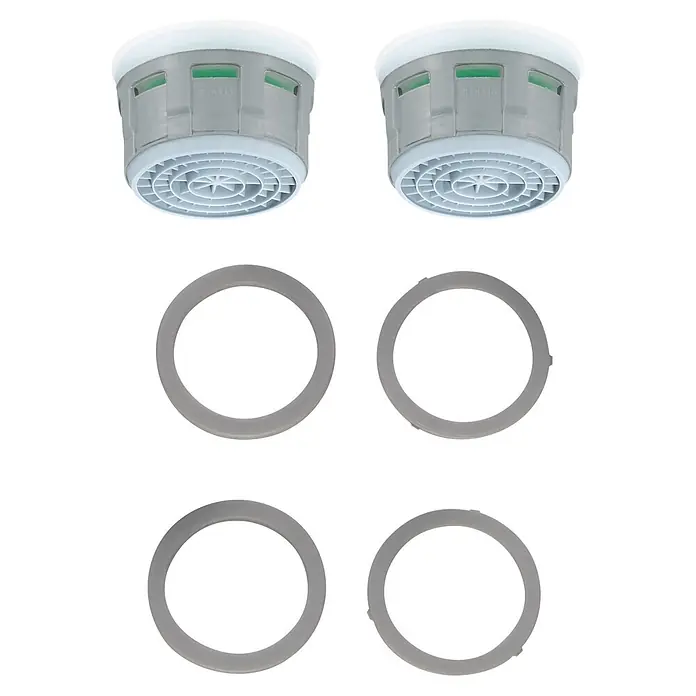 Neoperl Cascade SLC Strahlregler-Innenteil - M22/M24, 2 Stk. - Bild zeigt zwei Wasserhahn-Luftsprudler mit vier grauen Dichtungsringen. Ideal für Armaturen, sorgt für einen gleichmäßigen Wasserfluss.