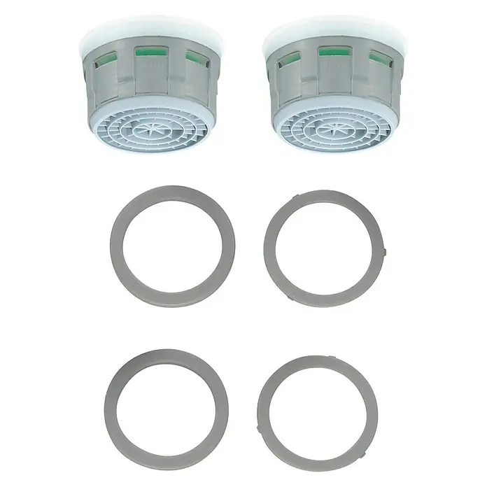 Neoperl Cascade SLC Strahlregler-Innenteil - M22/M24, 2 Stk. - Bild zeigt zwei Wasserhahn-Luftsprudler mit vier grauen Dichtungsringen. Ideal für Armaturen, sorgt für einen gleichmäßigen Wasserfluss.