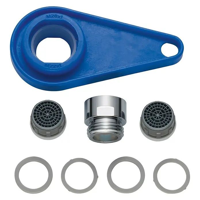 Neoperl Cascade SLC Wasserspar-Set - 8 -tlg. - Ein Set aus Wasserhahnaufsätzen und einem blauen Schraubenschlüssel.