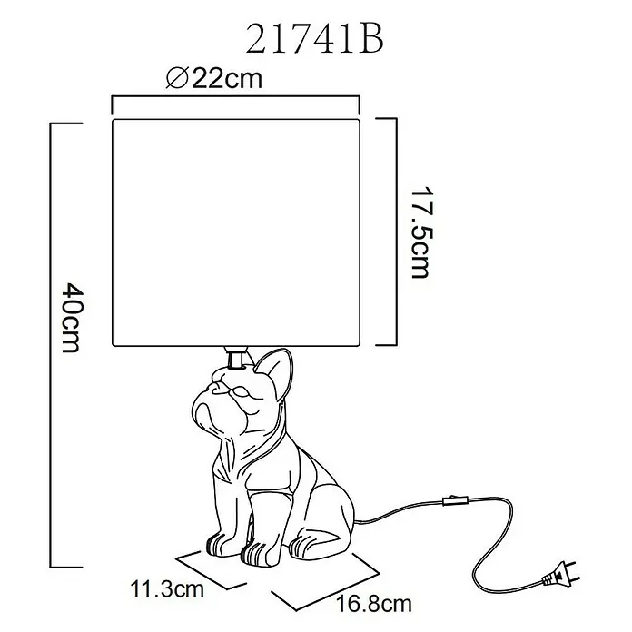 Globo Tischleuchte Dogo II - Farbe Gehäuse: Schwarz, Farbe Schirm: Sandfarben, Ø x H: 220 x 400 mm, E27 - Skizze einer Bulldoggen-Tischlampe mit Größenangaben. Stilvolles Design für Wohnraumbeleuchtung mit detaillierten Abmessungen.