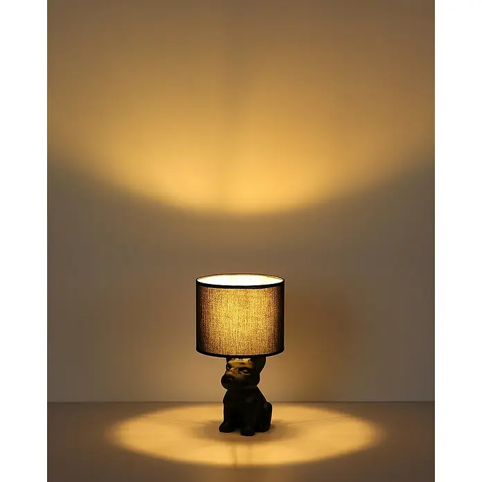 Globo Tischleuchte Dogo II - Farbe Gehäuse: Schwarz, Farbe Schirm: Sandfarben, Ø x H: 220 x 400 mm, E27 - Dekorative Hundelampe mit schwarzem Lampenschirm, die ein warmes Licht ausstrahlt und eine gemütliche Atmosphäre schafft.