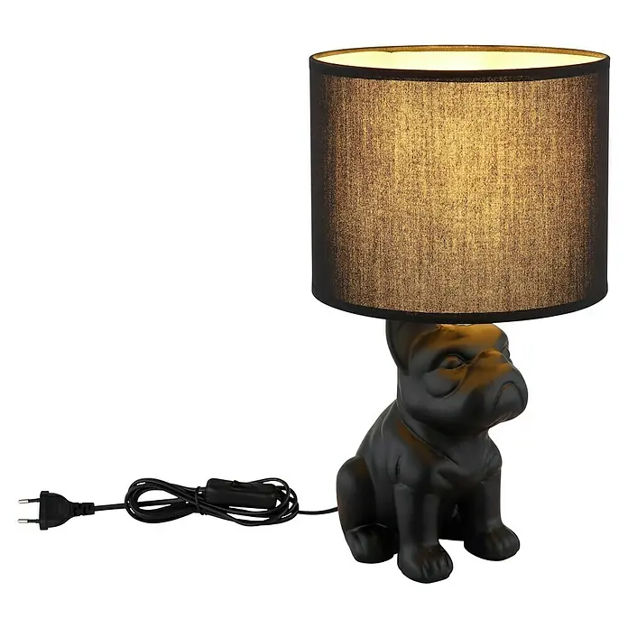 Globo Tischleuchte Dogo II - Farbe Gehäuse: Schwarz, Farbe Schirm: Sandfarben, Ø x H: 220 x 400 mm, E27 - Schwarze Bulldoggen-Tischleuchte mit einem zylindrischen Lampenschirm, die ein warmes, stimmungsvolles Licht spendet.