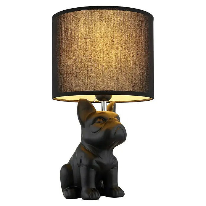 Globo Tischleuchte Dogo II - Farbe Gehäuse: Schwarz, Farbe Schirm: Sandfarben, Ø x H: 220 x 400 mm, E27 - Eine stilvolle Tischlampe mit einem Bulldoggen-Sockel und einem zylindrischen Lampenschirm. Sie spendet warmes Licht und ist ein dekoratives Element.