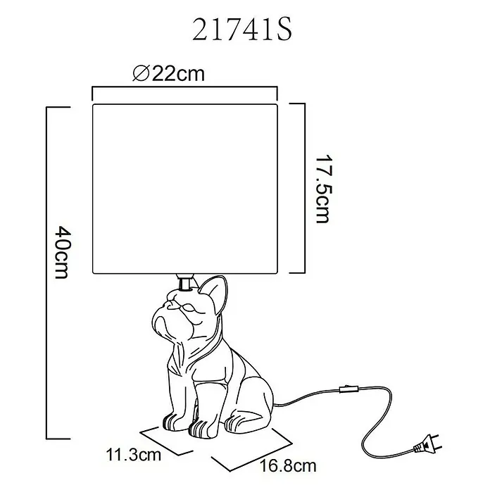 Globo Tischleuchte Dogo II - Farbe Gehäuse: Sandfarben, Farbe Schirm: Sandfarben, Ø x H: 220 cm x 400 mm, E27 - Abbildung einer Hundelampe mit den Maßen 40cm Höhe, 22cm Schirmdurchmesser, 17,5cm Schirmhöhe, 11,3cm und 16,8cm Sockelbreite.