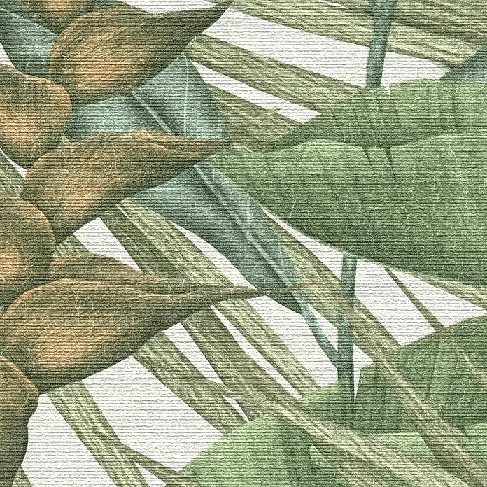 A.S. Création Designdrop Vliestapete Palme - Grün-Beige, Floral, 10,05 x 0,53 m - Strukturiertes Bild in Grün- und Brauntönen mit Pflanzenmotiven. Detailreiche Darstellung auf Leinwandtextur mit tropischen Blättern und stilisierten Formen.