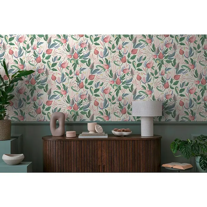 A.S. Création Cosmoliving by Cosmopolitan Vliestapete Blüte - Weiß-Grün-Pink, Floral, 10,05 x 0,53 m - Elegante Nahaufnahme einer Wand mit dem "Bloomsbury"-Blumenmuster, das eine raffinierte und künstlerische Note verleiht.
