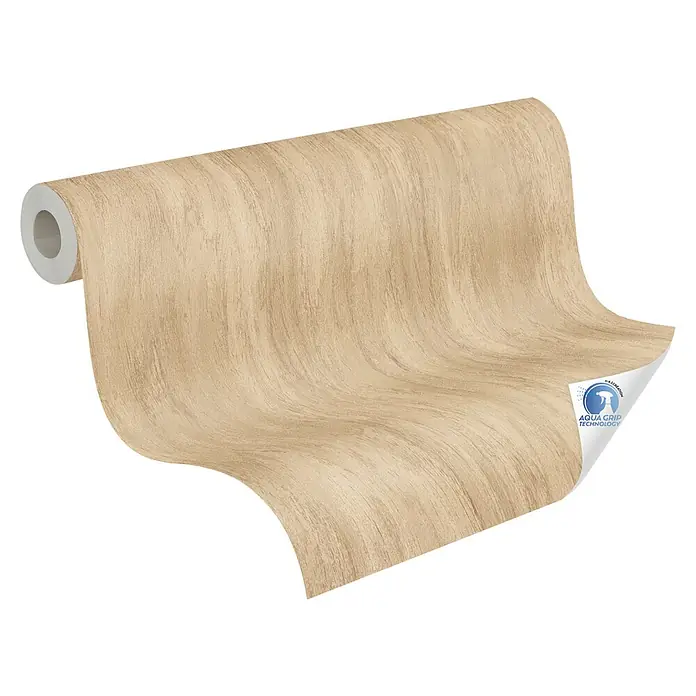 A.S. Création Designdrop Vliestapete Holz - Braun, Holzoptik, 10,05 x 0,53 m - Nahaufnahme einer Rolle Holz-Effekt Tapete mit Aqua Grip Technologie.