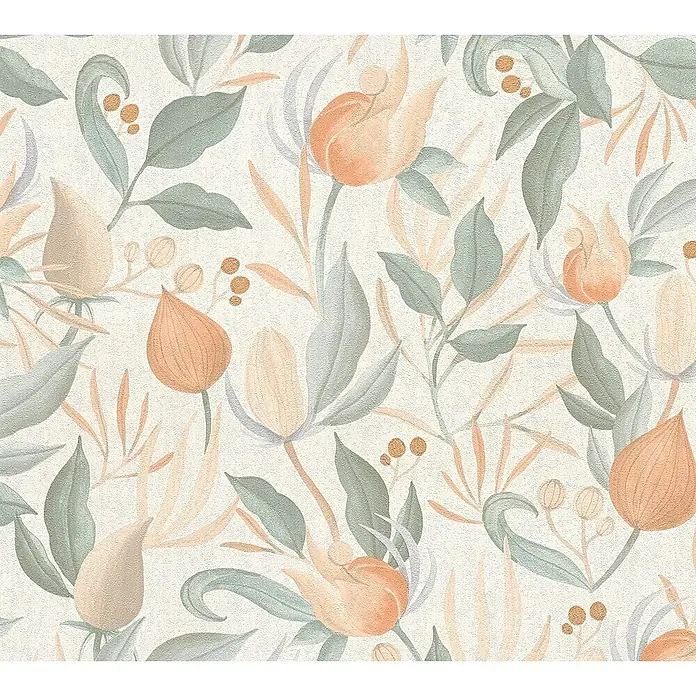 A.S. Création Cosmoliving by Cosmopolitan Vliestapete Blüte - Orange-Creme-Grün, Floral, 10,05 x 0,53 m - Elegantes florales Muster mit zarten Blüten und Blättern in gedämpften Farben, ideal für stilvolle Wohnraumgestaltung.