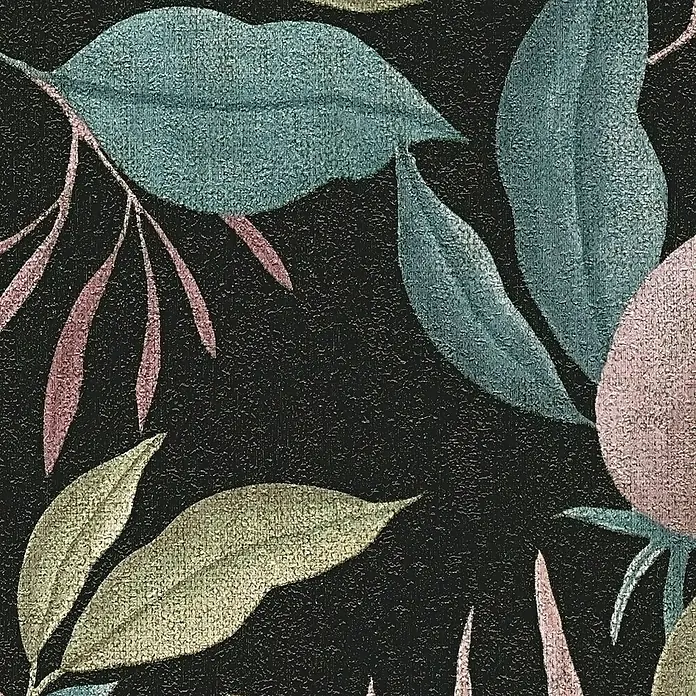 A.S. Création Cosmoliving by Cosmopolitan Vliestapete Blüte - Schwarz-Blau-Pink, Floral, 10,05 x 0,53 m - Texturierter Blätterhintergrund mit bunten Blättern auf dunklem Grund für elegante Designs.