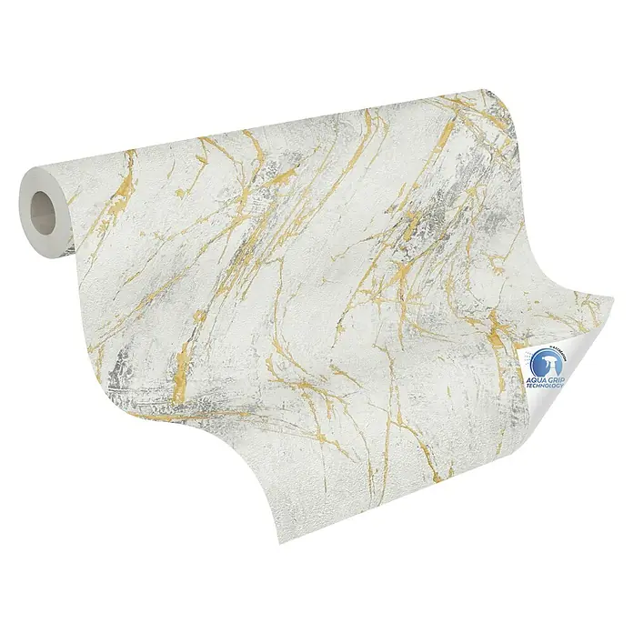 A.S. Création Designdrop Vliestapete Marmoroptik - Weiß-Gold, Steinoptik, 10,05 x 0,53 m - Nahaufnahme einer Rolle stilvoller Marmortapete in Weiß mit goldenen Akzenten, die eine moderne und luxuriöse Ästhetik bietet.