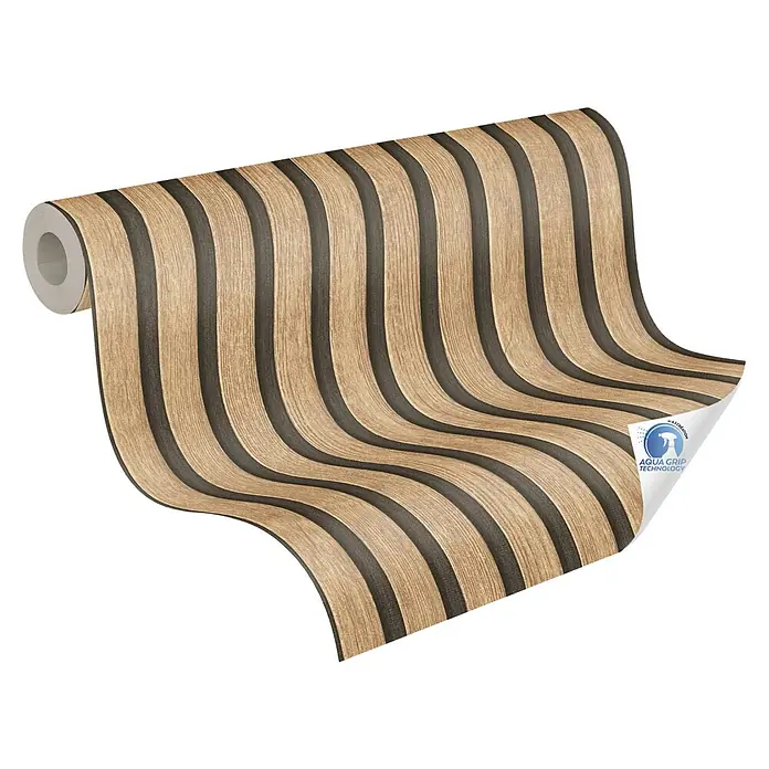 A.S. Création Designdrop Vliestapete Paneele - Braun-Schwarz, Holzoptik, 10,05 x 0,53 m - Ein stilvolles Rollen-Tapetendesign mit horizontalen Holzmaserungsstreifen für eine moderne Wanddekoration.