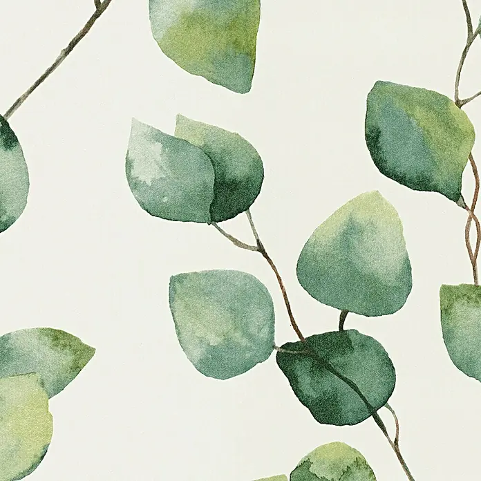 A.S. Création Designdrop Vliestapete Blättergirlande - Weiß-Grün, Floral, 10,05 x 0,53 m - Aquarell-Eukalyptusdruck mit zarten grünen Blättern und feinen Ästen auf einem hellen Hintergrund für eine natürliche Ästhetik.