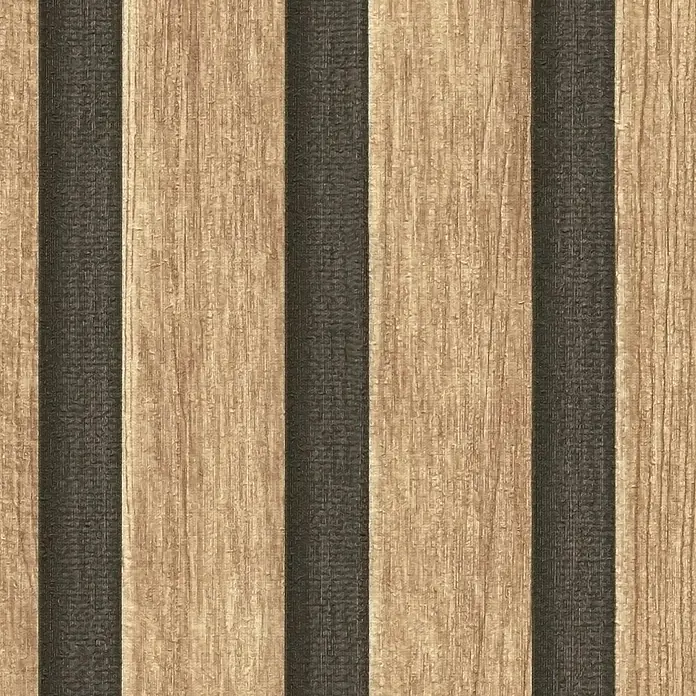 A.S. Création Designdrop Vliestapete Paneele - Braun-Schwarz, Holzoptik, 10,05 x 0,53 m - Nahaufnahme einer Holzpaneelwand mit abwechselnd hellbraunen und dunkelbraunen vertikalen Streifen, die ein strukturiertes Muster ergeben.