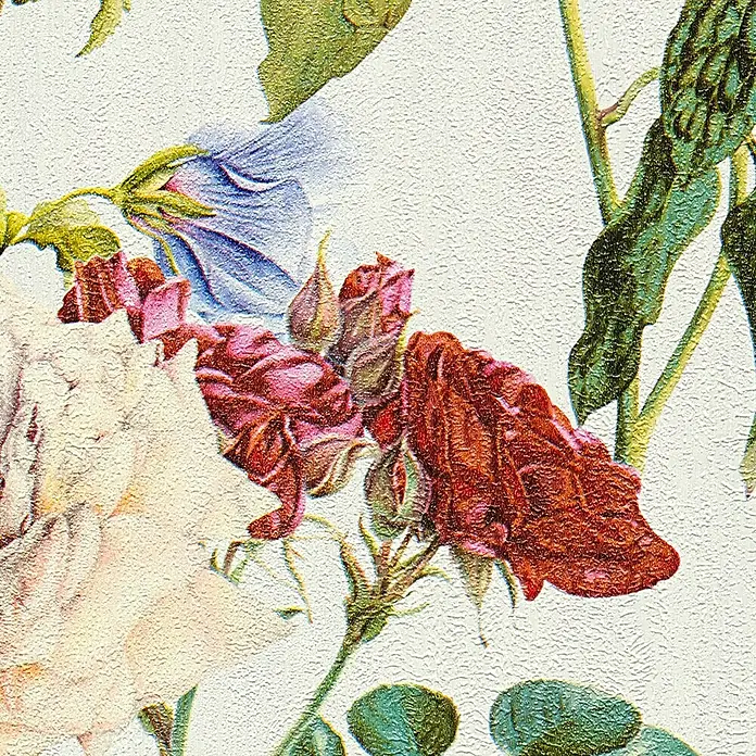 A.S. Création Designdrop Vliestapete Blumen - Bunt, Floral, 10,05 x 0,53 m - Detailreiche Abbildung von Rosenblüten in verschiedenen Farben mit grünen Blättern auf weißem Grund.