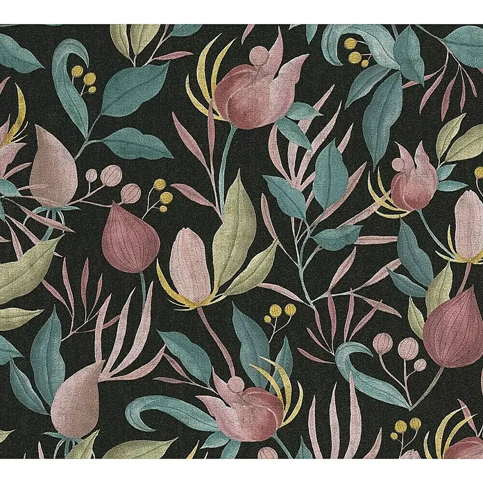 A.S. Création Cosmoliving by Cosmopolitan Vliestapete Blüte - Schwarz-Blau-Pink, Floral, 10,05 x 0,53 m - Dunkles florales Muster mit zarten Blüten und Blättern in gedämpften Rosa-, Grün- und Gelbtönen für stilvolle Designs.